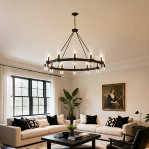English Elm 43.3''matte Black Wagon Wheel Chandelier 12 Seeded Glass Shades Farmhouse Great Room W5008P392741
