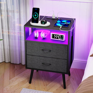 English Elm 2 Pack Modern Nightstand With Charging Station & Led Light - Stylish Bedside Tables With Fabric Drawers W1550P272496