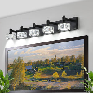 English Elm Modern 5 Light Matte Black Vanity Fixture Crystal Glass Shades Bathroom Led W1340P206826