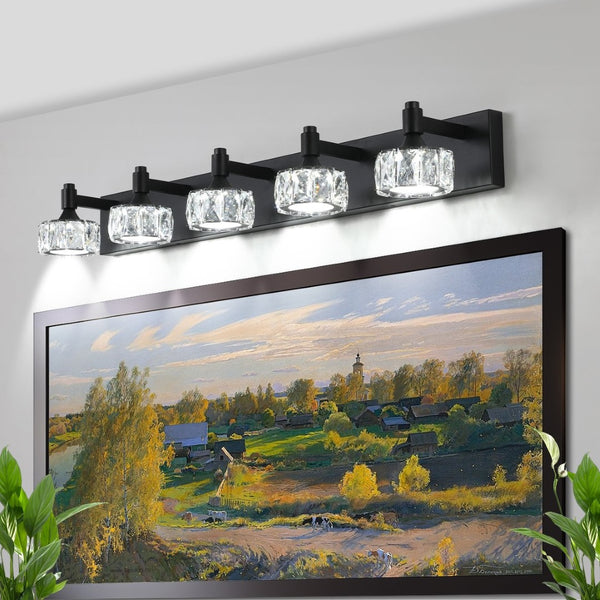 English Elm Modern 5 Light Matte Black Vanity Fixture Crystal Glass Shades Bathroom Led W1340P206826