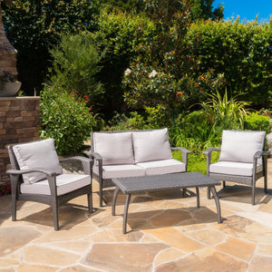 English Elm Christopher Knight Home® - HONOLULU Stylish 4PC PE Wicker Patio Set with Durable Iron Frame, Waterproof Cushions, Compact Lounge Grey 52917.00IRNGRY