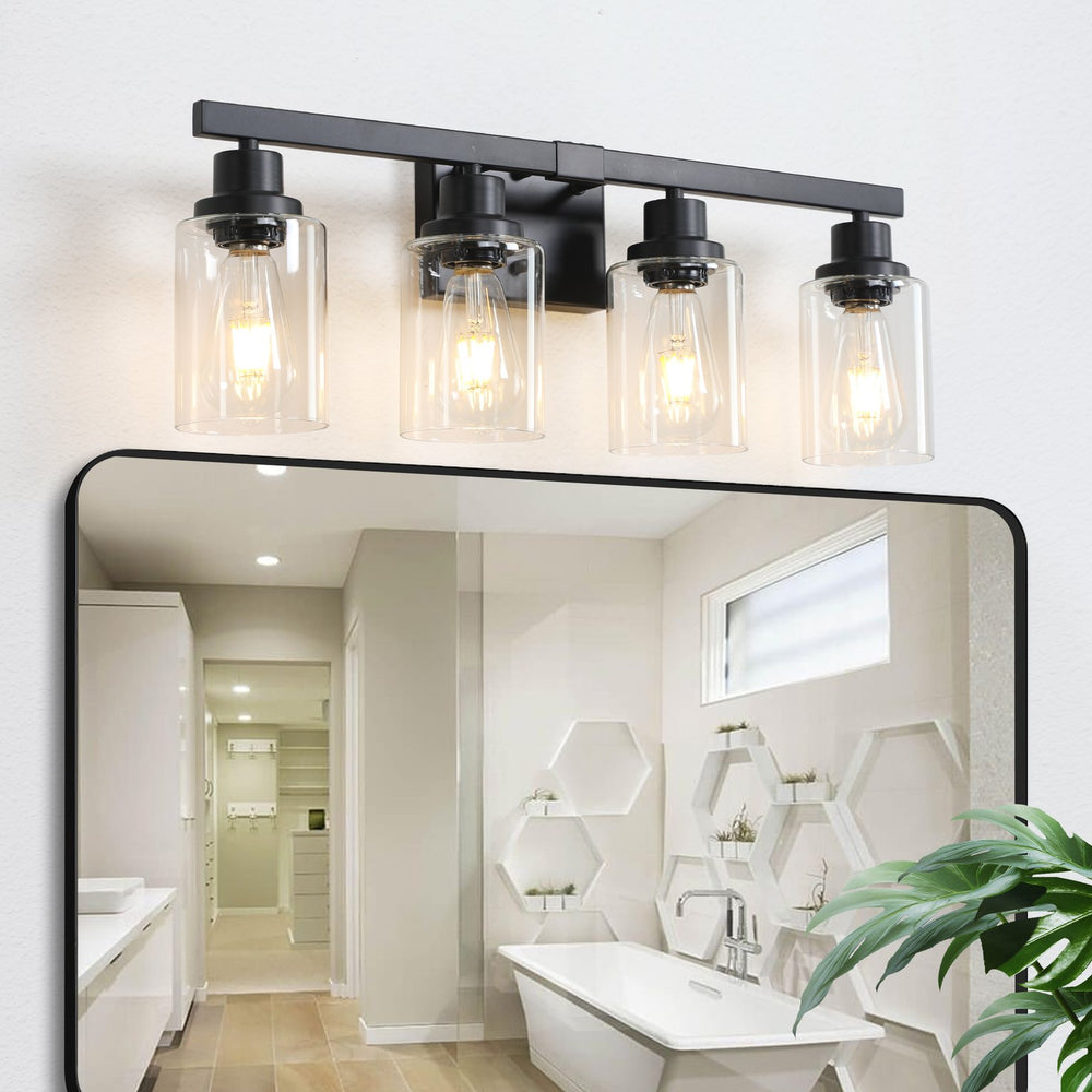 English Elm 24" Modern Black 4-Light Wall Sconce Bathroom Vanity Light With Clear Glass Shades For Stylish Illumination W2312P374790