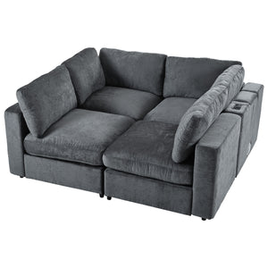 English Elm U-style 113" Upholstered Modular Sofa with Built-In Bluetooth Audio, Wireless Charging & Storage Grey WY000457AAE