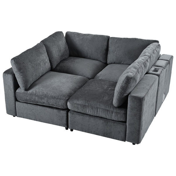 English Elm U-style 113" Upholstered Modular Sofa with Built-In Bluetooth Audio, Wireless Charging & Storage Grey WY000457AAE