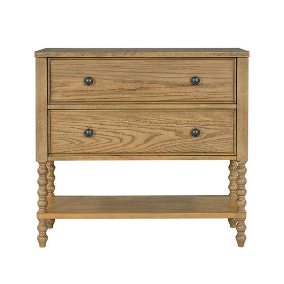 English Elm 2 Drawer Accent Chest Camel Oak Finish Solid Wood Legs MDF Oak Veneer Top Spacious Drawers Sturdy Shelf 36" B035P262688