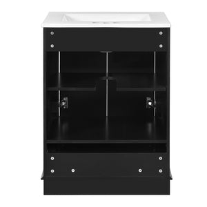 English Elm 24'' Bathroom Vanity with Ceramic Sink Combo Modern Freestanding MDF Cabinet with Soft-Close Doors and Sleek Silver Handles for Spacious Organized Bathroom Storage Black N710P194893B