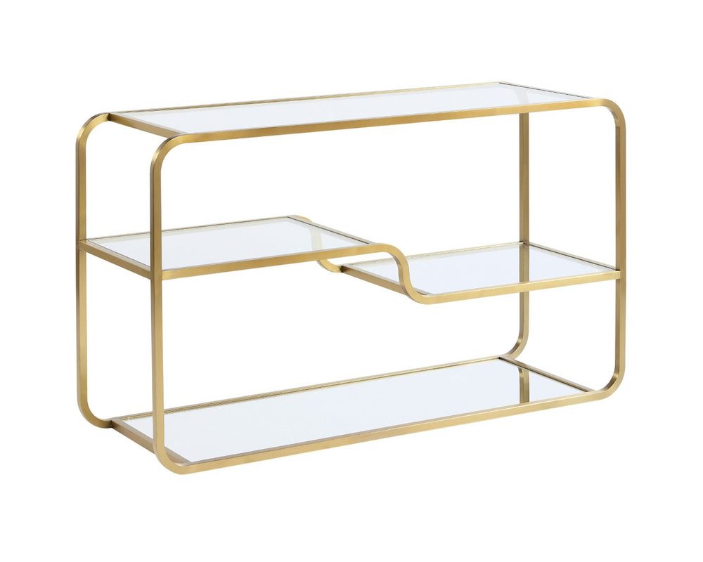 Sunpan SILVIA Contemporary Console Table with Mirrored Base & Glass Shelves for Elegant Entryway Style 107633