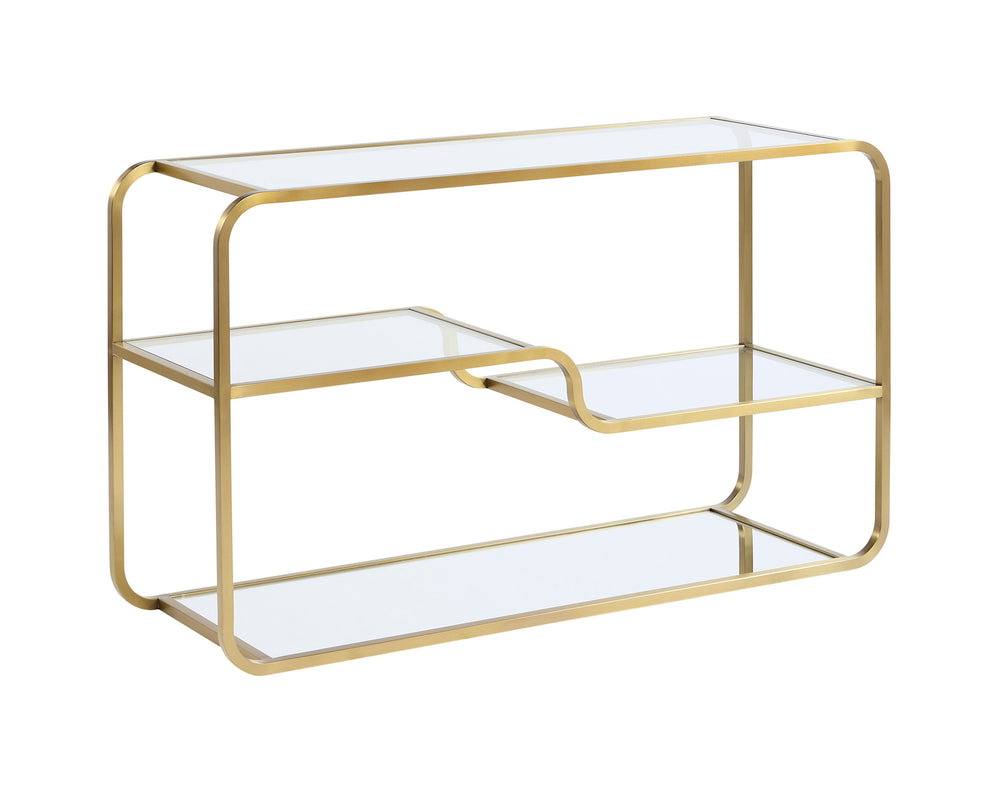 Sunpan Silvia Console Table - Elegant Gold Stainless Steel Frame with Clear Glass Shelves & Mirrored Base