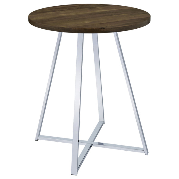 English Elm Burkhart Brown Oak 35" Round Pub Table with Flared Geometric Chrome Base — Rustic Modern Charm B062P344985