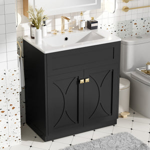 English Elm 30'' Modern Bathroom Vanity With Ceramic Sink, Soft-Close Doors, Gold Handles & Ample Storage Space N710P194898B