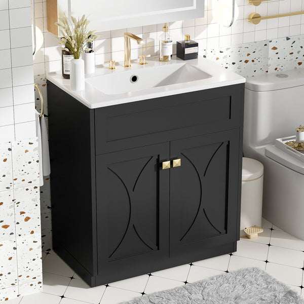 English Elm 30'' Modern Bathroom Vanity With Ceramic Sink, Soft-Close Doors, Gold Handles & Ample Storage Space N710P194898B