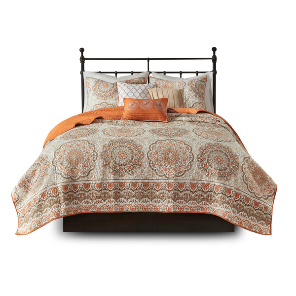 English Elm 6 Piece Reversible Quilt Set with Paisley Motif and Neutral Reverse, Embroidered Throw Pillows Included Orange 23.23 L x 18.11 W x 10.63 H B03597402