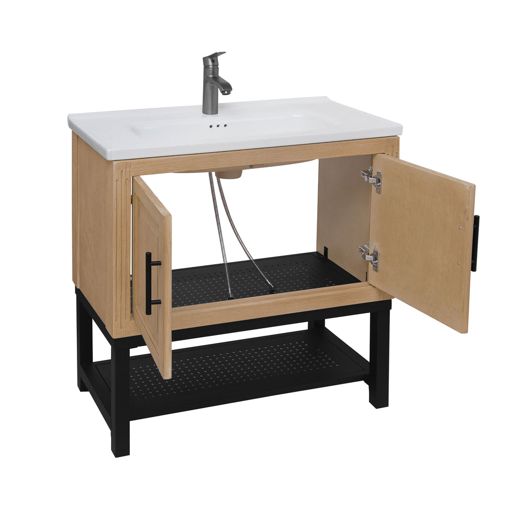 English Elm 32" Modern Bathroom Vanity with White Ceramic Seamless Sink, Textured Aluminum Faucet, Durable Hinges and Open Iron Shelf for Stylish Storage Natural W688P224389