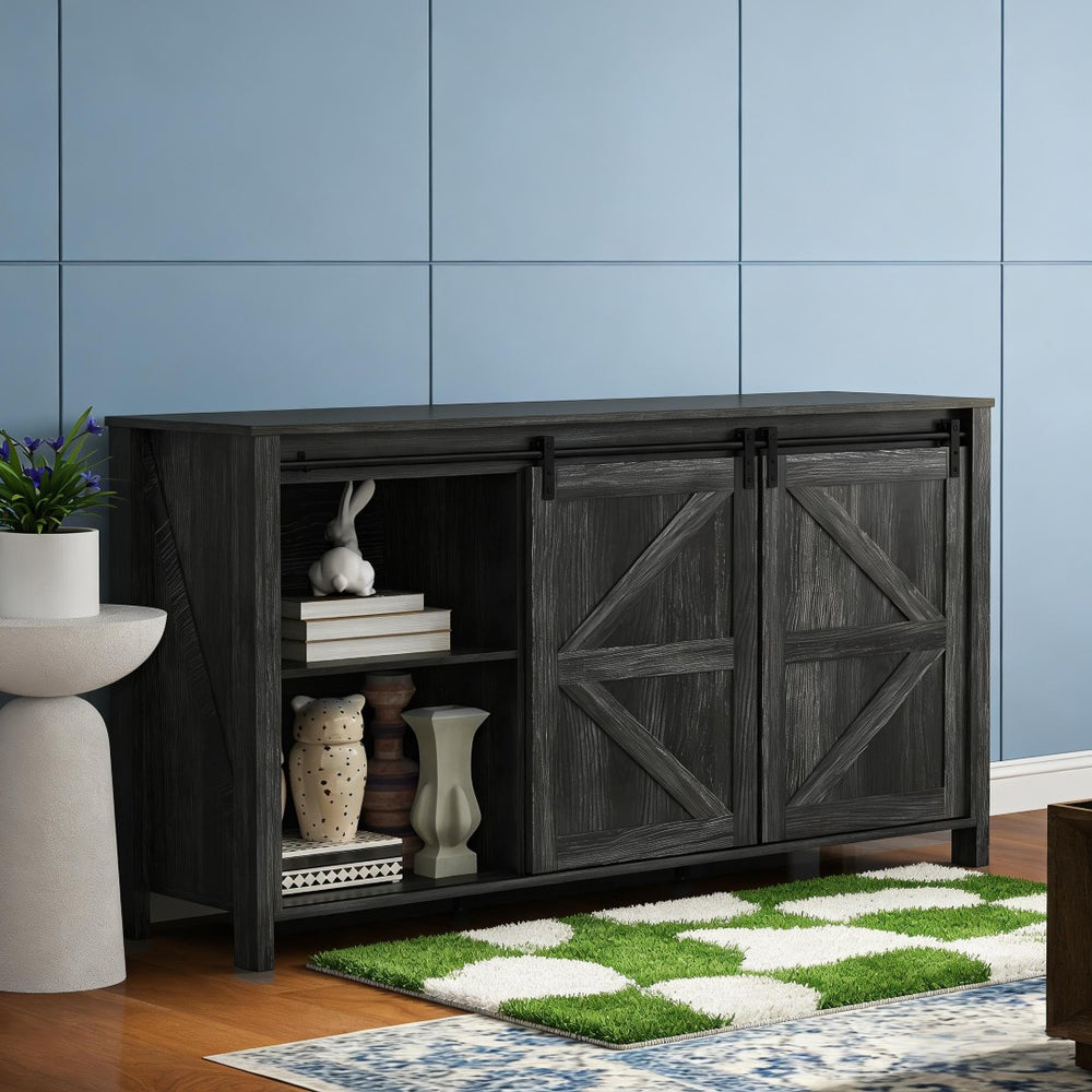 English Elm Farmhouse Buffet Cabinet with Sliding Barn Doors Four Drawers Distressed Cream Finish T3971S00096