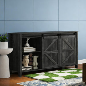 English Elm Farmhouse Buffet Cabinet with Sliding Barn Doors Four Drawers Distressed Cream Finish T3971S00096