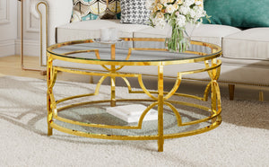 English Elm Round Tempered Glass Coffee Table with Gold Geometric Metal Base and Open Storage Shelf Transparent N735P396530K
