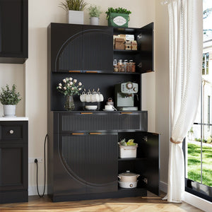 English Elm Pantry Hutch with Fluted Mdf Panels Charging Station Pegboard and Open Shelving T3773P416038