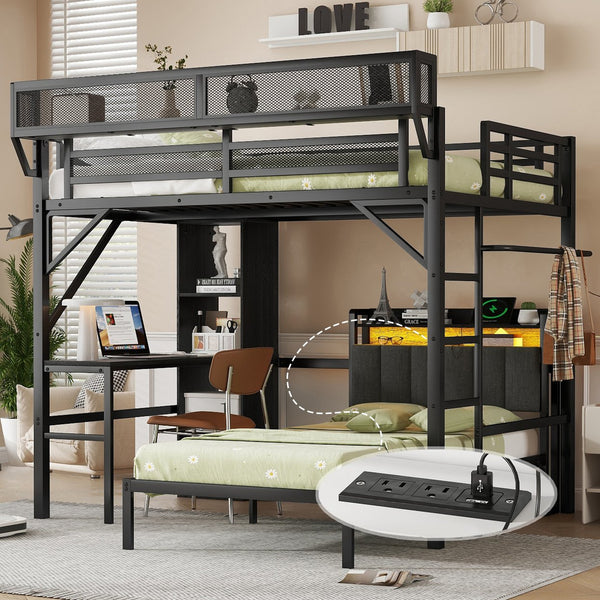 English Elm Full Full over Twin Metal Bunk Bed with Desk, Bookshelves, LED Lighting & USB Charge Station, Black W2580S00040