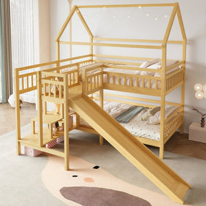 English Elm Full Bunk Bed with Trundle Bookshelf Storage Pine Frame Car Design for Kids Natural W1580S00303