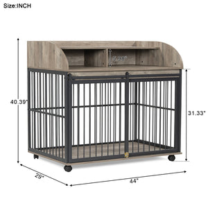 English Elm GO Furniture-Style Dog Crate 44" Gray End Table Kennel with Sliding Barn Door, Storage Shelves, Wheels WF323360AAE