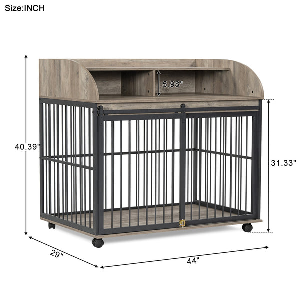 English Elm GO Furniture-Style Dog Crate 44" Gray End Table Kennel with Sliding Barn Door, Storage Shelves, Wheels WF323360AAE
