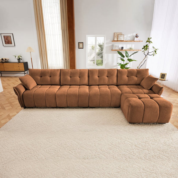English Elm Modular 4-Seater Sofa With Ottoman - Configurable Chenille Upholstery, Solid Wood Frame, Durable Comfort Burnt Orange W714S01178