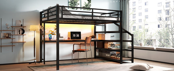 English Elm Queen Loft Bed With Desk, Storage Stairs, Led Lights & Usb Ports – Perfect For Modern Living Spaces! W1580S00477-GIGA