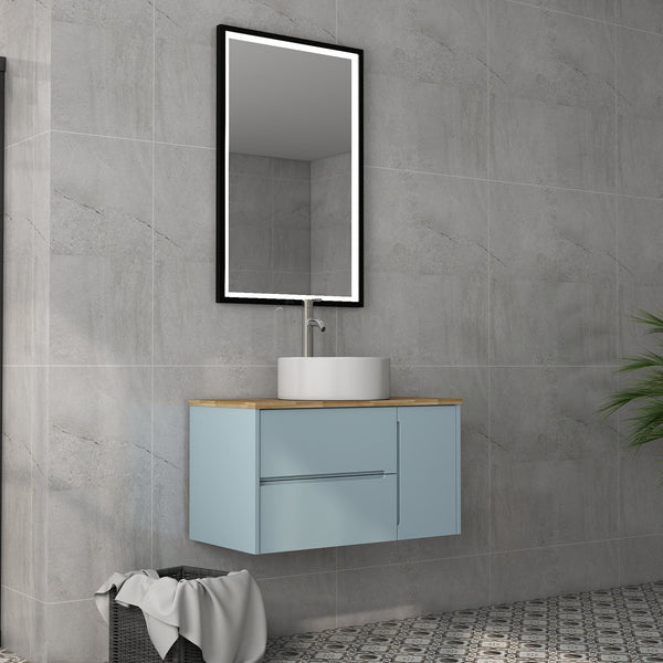 English Elm 36-Inch Wall-Mounted Bathroom Vanity With Blue Cabinet, Natural Wood Top & Round Ceramic Sink Design W3151S00011