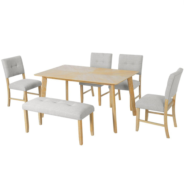 English Elm 6 Piece Farmhouse Dining Set Rubberwood Legs Tufted Chairs Bench Natural Ash Table N752S600015D