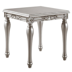English Elm Platinum Square End Table with Turned Legs, Floral Trim Apron, 2" Thick Top for Stable Elegance (96) B062P191052