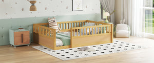 English Elm Full Montessori Floor Bed Frame with Fence for Kids — Pine Play & Reading Space, Sturdy Low Profile Natural W1580P307884