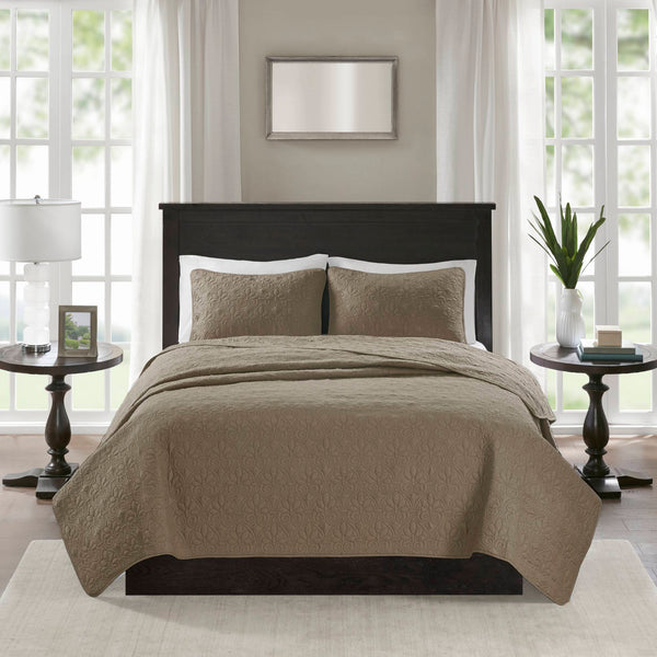 JLA Home Madison Park - 3 Reversible Quilt Set with Textured Stitching, Prewashed Cotton Fill, Antimicrobial Protection, Machine Washable Khaki MP13-155