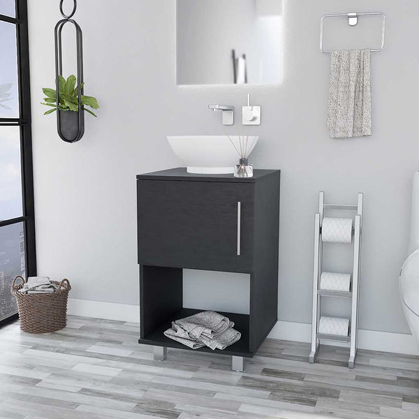 English Elm Malibu Black Single Bathroom Vanity Cabinet with Open Shelf, Particle Board, 12.24" Door, Easy Assemble B128S00071