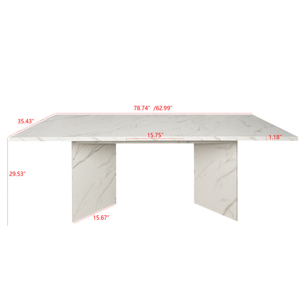 English Elm Extendable Faux Marble Dining Table with V-Legs — Sleek Expandable Conference & Kitchen Centerpiece for 6–10 White W1347S00015