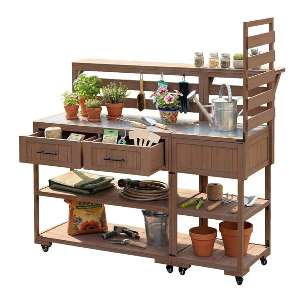 English Elm Topmax Modular Fir Wood Outdoor Kitchen Cart Stainless Steel Prep Station Brown N717P417963D