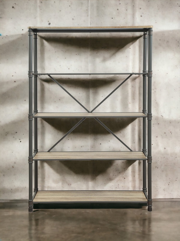 English Elm Itzel Industrial Steel Frame Bookshelf with Warm Oak Veneer Shelves for Home Office B2726P256219