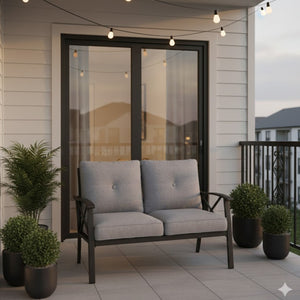 English Elm 48" Outdoor Steel Loveseat with Gray Cushions Powder Coated Matte Black Patio Seating B082P455146