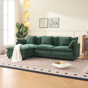 English Elm Beige Chenille Sectional Sofa with Modular Ottoman for Living Room or Studio Dark Green W2603S00004