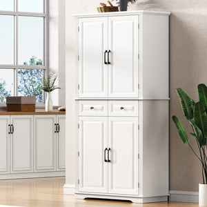 English Elm K&K 71" Tall Farmhouse Pantry Cabinet with Groove Edges, 3 Pull-Out Organizers, 6 Door Shelves White N707P256507W
