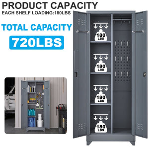 English Elm Broom and Mop Steel Utility Cabinet with Locking Doors Hanging Rod Adjustable Shelves T3625P372657