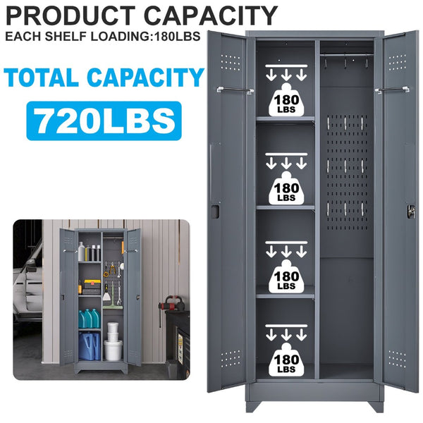 English Elm Broom and Mop Steel Utility Cabinet with Locking Doors Hanging Rod Adjustable Shelves T3625P372657