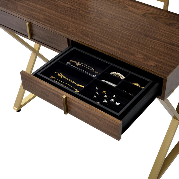 English Elm 2 Drawers Vanity Desk With Elegant Mirror & Jewelry Tray, Modern Walnut & Gold Finish For Chic Spaces B016P317489