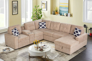 English Elm Multifunctional Modular Sectional Sofa with Hidden Storage Cup Holders and Flexible Seating Light Brown B2730S00075