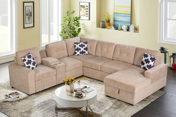 English Elm Multifunctional Modular Sectional Sofa with Hidden Storage Cup Holders and Flexible Seating Light Brown B2730S00075