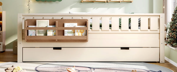 English Elm Twin Kids Platform Bed with Trundle Staircase Bookshelf and Rounded Safety Rails Beige W1580S00559