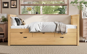 English Elm Twin Solid Wood Platform Bed with Trundle and Two Drawers, White Daybed for Kids Guests Natural W1580S00264