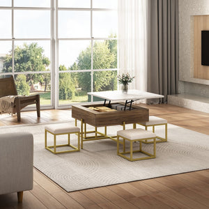 English Elm Modern Square Lift-Top Coffee Table Set with Hidden Storage, 4 Tuck-Away Ottomans, White Walnut Elegance CH192954AAK