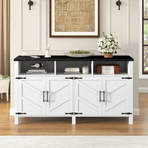 English Elm U_style 59 Inch Sideboard Buffet with Built in Power Outlets Open Cubbies Metal Accents White+Black N711P347407K