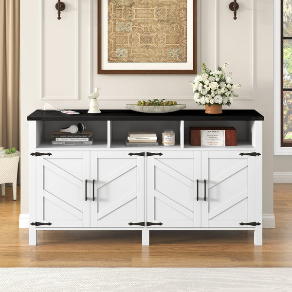 English Elm U_style 59 Inch Sideboard Buffet with Built in Power Outlets Open Cubbies Metal Accents White+Black N711P347407K