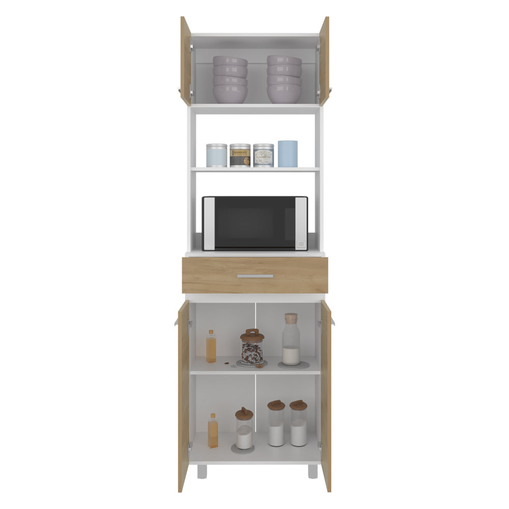 English Elm Lakeridge Pantry Cabinet with 4 Doors, 2 Drawers & Open Shelf — White & Macadamia Wood Finish, Durable Modern Storage B092P315581